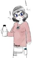 avengers beanie blue_eyes brown_shirt closed_mouth cute cute_girl degoon glasses hair necklace nentendo_switch soy soylent soylent_(cacao) soylent_bottle variant:soytan white_skin woman // 488x844 // 200.6KB