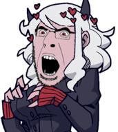 ear female glasses hair heart helltaker horn modeus_(helltaker) open_mouth red_eyes soyjak stubble variant:cobson white_hair white_skin // 356x400 // 136.7KB