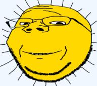 glasses grin hair smile soyjak star stubble subvariant:wholesome_soyjak sun transparent transparent_background variant:gapejak yellow yellow_skin // 897x798 // 121.7KB
