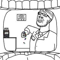 arm bottle closed_mouth clothes doctor dr_soyberg ear glasses hand holding_object meds mustache open_mouth pov redraw smile soyjak stubble text tongue variant:a24_slowburn_soyjak // 500x500 // 55.4KB
