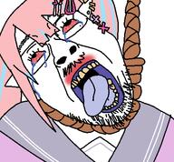 beauty_mark bloodshot_eyes clothes crying ear earring funamusea glasses hair hair_ornament hanging malon_fig open_mouth pink_hair rope stubble tranny twintails variant:bernd white_background // 450x417 // 22.0KB