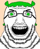 4chan angry anime fat glasses green_eyes green_hair hair open_mouth soyjak stubble variant:grrrhjak yotsoyba // 707x864 // 36.5KB