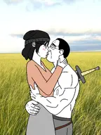 artist:john8_44 beanie blush ear hugging irl_background kiss muscles muscular_male romance series:barbaryan sword variant:chudjak variant:soytan wholesome // 1536x2048 // 1.3MB