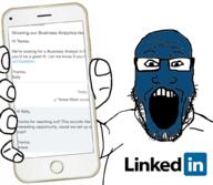 arm clothes glasses hand holding_object holding_phone iphone linkedin open_mouth phone soyjak stubble subvariant:phoneplier subvariant:phoneplier_vertical text tshirt variant:markiplier_soyjak // 1000x872 // 422.3KB