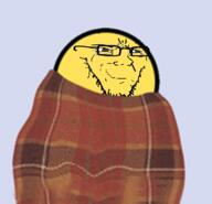 blanket closed_mouth comfy glasses smile smirk soyjak stretched_mouth stubble variant:soyak yellow yellow_skin yoba_face // 600x579 // 255.8KB
