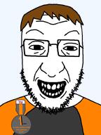 award badge brown_hair clothes dan glasses orange_shirt smile soyjak soyteen stubble teeth variant:crimjak white_skin // 600x800 // 47.9KB
