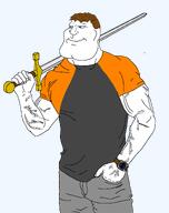 aryan blue_eyes brown_hair buff clothes dan grey_pants hair holding_object holding_sword muscles soybooru subvariant:mexiaryan sword tshirt vein watch weapon // 1514x1910 // 205.3KB