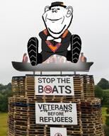 boat bonfire clothes crossed_arms ear gun illegal_immigrants immigrant immigration ireland migrants migration northern_ireland orange orange_order pallet refugee sash sitting smile suit ulster united_kingdom variant:impish_soyak_ears // 445x556 // 174.8KB