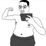 angry arm clothes glasses hair hand holding_object holding_phone nipple phone soyjak variant:chudjak // 750x751 // 167.7KB