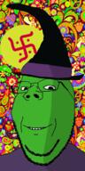 band black_magick black_magick_ss black_metal closed_mouth glasses green_skin hippie metal_(music) music psychodelic schizo smile soyjak stubble subvariant:wholesome_soyjak swastika trip variant:gapejak wizard wizard_hat // 325x648 // 248.2KB