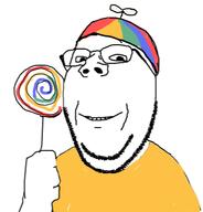 clothes glasses hair lollipop propeller_hat smile soyjak stubble subvariant:wholesome_soyjak teth variant:gapejak wholesome yellow_shirt // 354x369 // 50.9KB