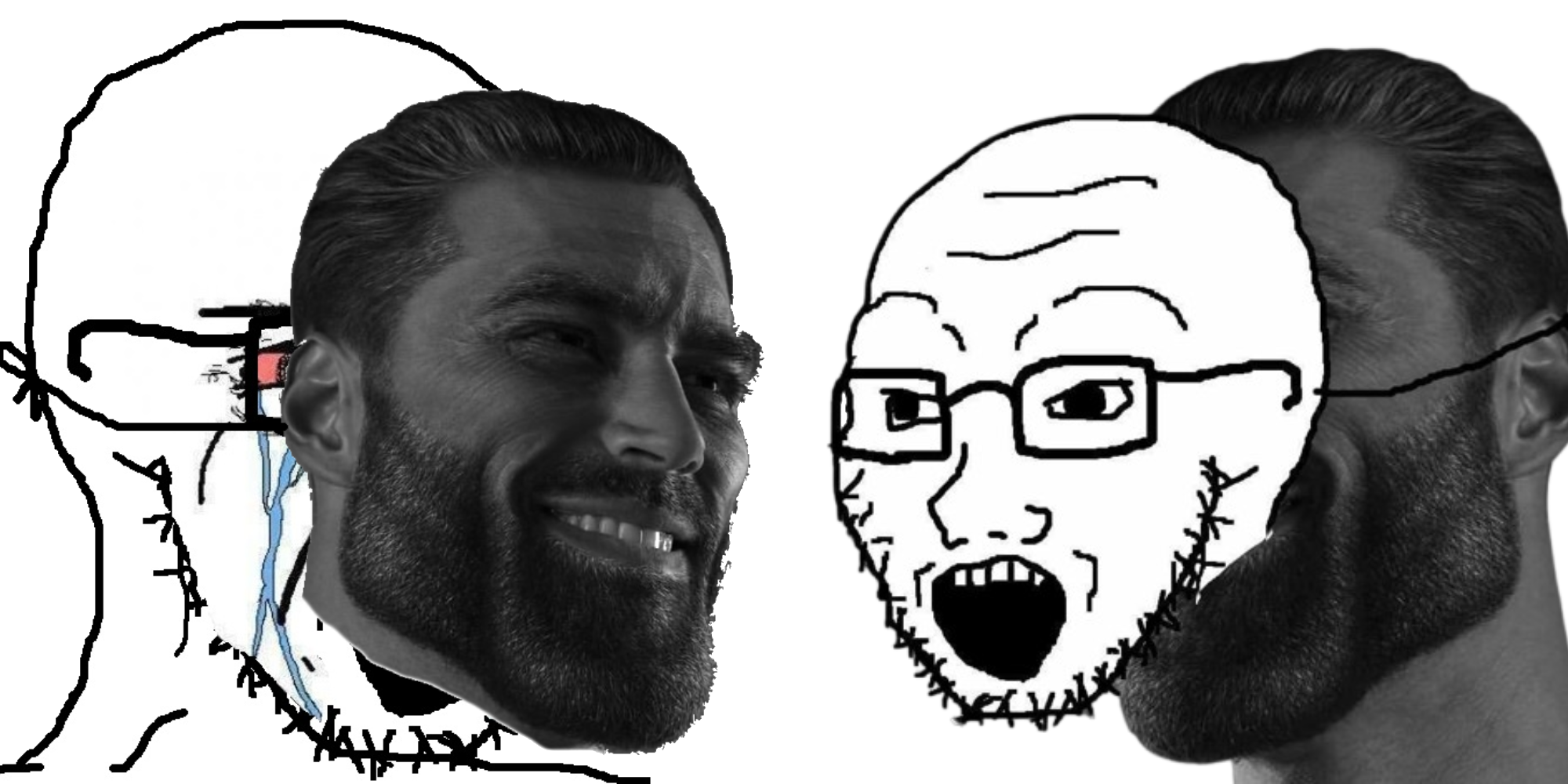 gigachad, soyak, soyak (crying), 2soyjaks, beard, bloodshot eyes, bushy eyebrows, crying, eyebrows, glasses