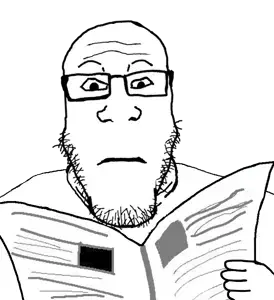 markiplier soyjak, neutralplier, glasses, hands, holding object, holding paper, neutral, newspaper, reading, stubble