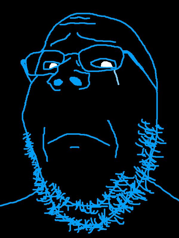 gapejak, bald, black background, black sclera, black skin, blue eyes, closed mouth, crying, de master of stuff, frown