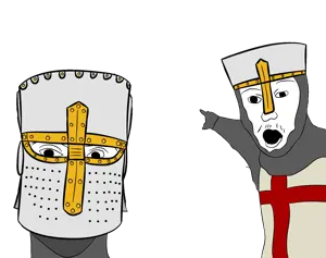 two pointing soyjaks, 2soyjaks, armor, christian cross, christianity, clothes, hat, helmet, looking at you, open mouth