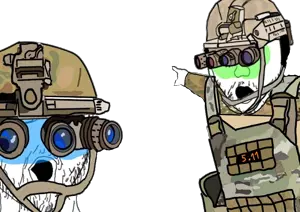 two pointing soyjaks, 2soyjaks, armor, clothes, goggles, hat, helmet, open mouth, pointing, stubble