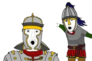 two pointing soyjaks, 2soyjaks, armor, clothes, hat, helmet, knight, no glasses, open mouth, pointing