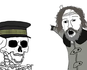 two pointing soyjaks, beard, clothes, eyebrows, hair, hat, looking at you, mustache, pointing, skeleton