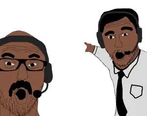 two pointing soyjaks, 2soyjaks, bald, brown skin, clothes, hair, headphones, looking at you, mustache, pointing