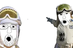 two pointing soyjaks, 2soyjaks, clothes, glasses, goggles, hat, helmet, looking at you, open mouth, pointing