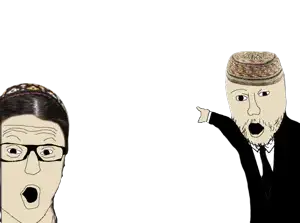 two pointing soyjaks, 2soyjaks, clothes, glasses, hair, hat, looking at you, no beard, no glasses, open mouth