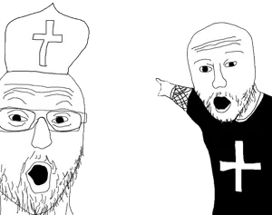 two pointing soyjaks, 2soyjaks, bald, christian cross, christianity, clothes, glasses, hat, looking at you, open mouth