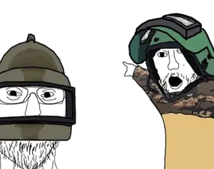 two pointing soyjaks, 2soyjaks, clothes, glasses, hat, helmet, no glasses, open mouth, pointing, stubble