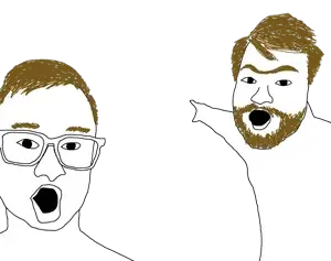 two pointing soyjaks, 2soyjaks, beard, glasses, hair, looking at you, open mouth, pointing, transparent background, uncolored skin