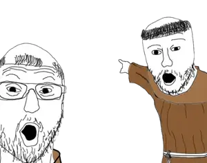 two pointing soyjaks, 2soyjaks, clothes, glasses, hair, looking at you, no glasses, open mouth, stubble, transparent background