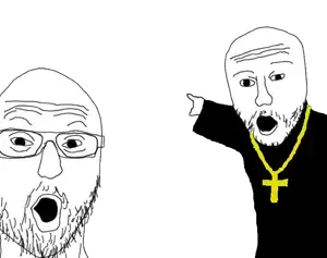 two pointing soyjaks, 2soyjaks, bald, christian cross, christianity, glasses, looking at you, open mouth, pointing, religion