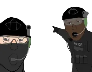 two pointing soyjaks, 2soyjaks, armor, black skin, clothes, glasses, hat, headphones, helmet, looking at you