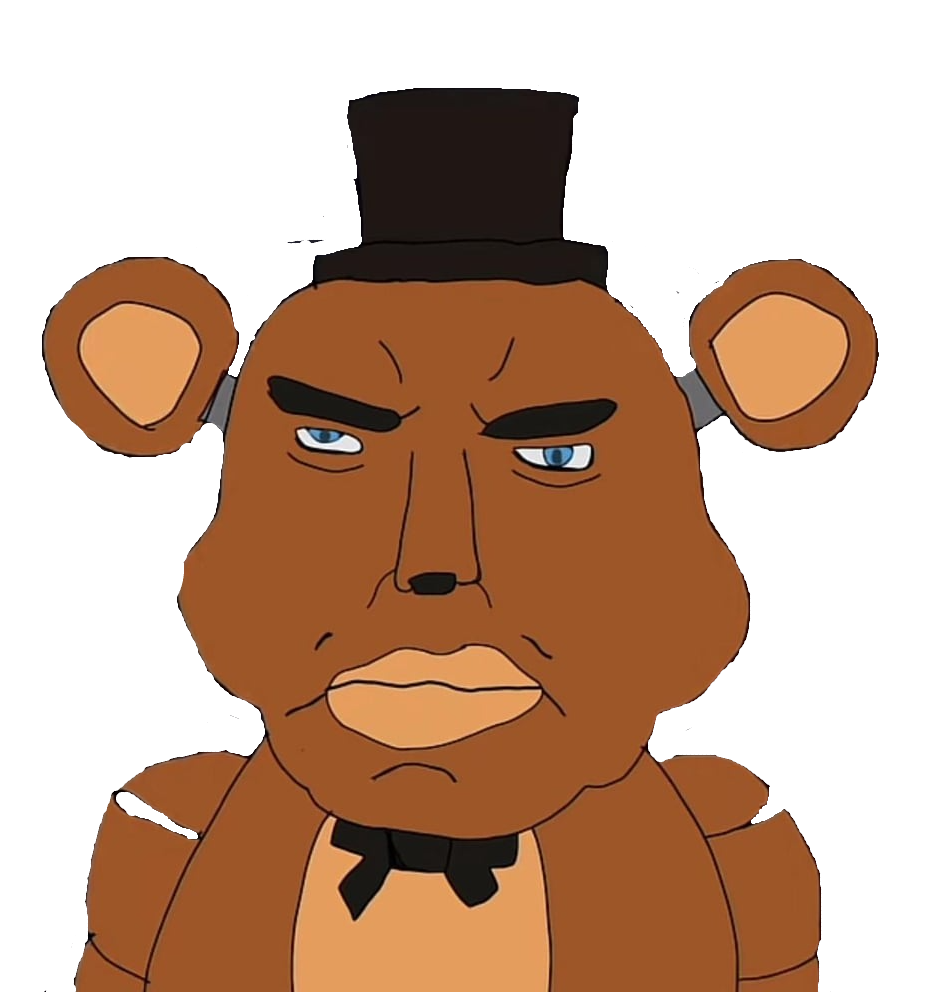 freddy fazbear, chudjak, pol face, 1soyjak, animatronic, bald, bear, big lips, black bowtie, blue eyes
