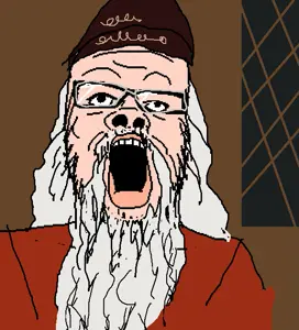 a24 slowburn soyjak, /tv/, albus dumbledore, beard, clothes, drawn background, glasses, gray hair, harry potter, hat