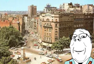 gapejak, wholesome soyjak, balding, chin, city, clothes, collar tabs, double chin, epaulettes, glasses