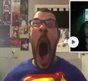superman, james youniverse, irl soyjaks, clothes, dc comics, ear, glasses, open mouth, real life, stubble