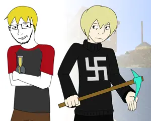 xjanny, nate higgers, soyak, natejak, arm, badge, blonde hair, closed mouth, clothes, crossed arms