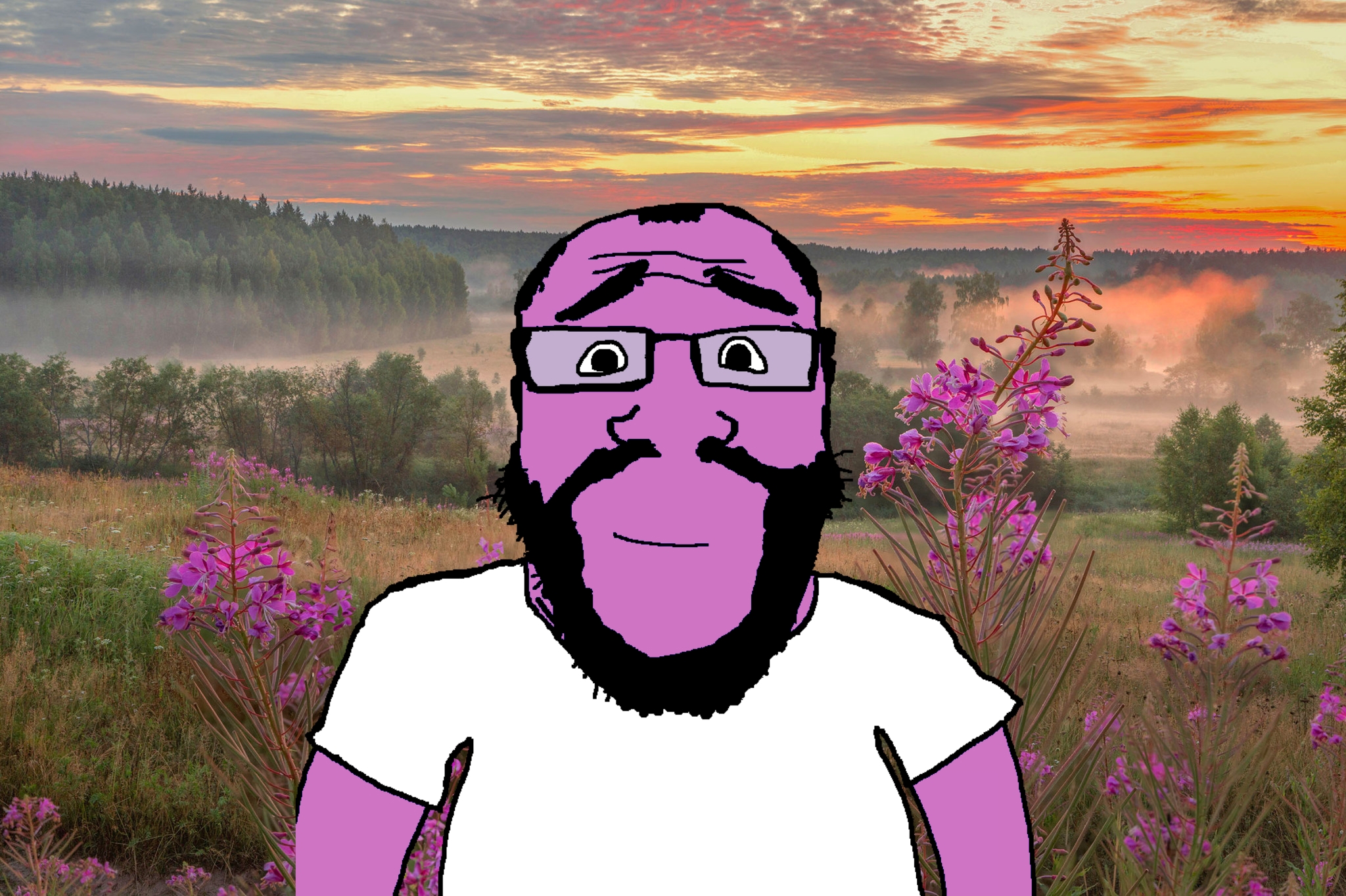 markiplier soyjak, science lover, balding, beard, black eyes, closed mouth, flower, front view, hair, half body
