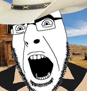 cobson, angry, clothes, cowboy, cowboy hat, desert, glasses, hat, irl background, open mouth