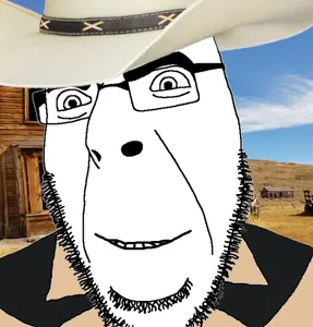 cobson, clothes, cowboy, cowboy hat, desert, glasses, hat, irl background, smile, soyjak