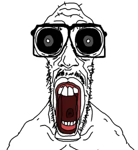 mentaljak, black eyes, glasses, large eyes, lips, open mouth, red lips, stubble, teeth, uncolored skin