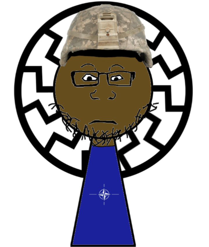 markiplier soyjak, neutralplier, advanced combat helmet, autism, beard, black skin, blue shirt, body, brown skin, circle