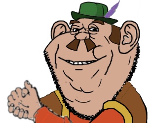 happy merchant, impish soyak ears, 1soyjak, black eyes, brown hair, closed mouth, clothes, fat, green hat, hair