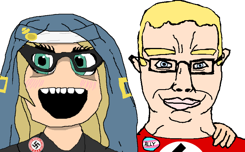 bridget (guilty gear), soytan, chudjak, chudjak front, aryan, 2soyjaks, a10 eyes, blonde hair, blue eyes, blush