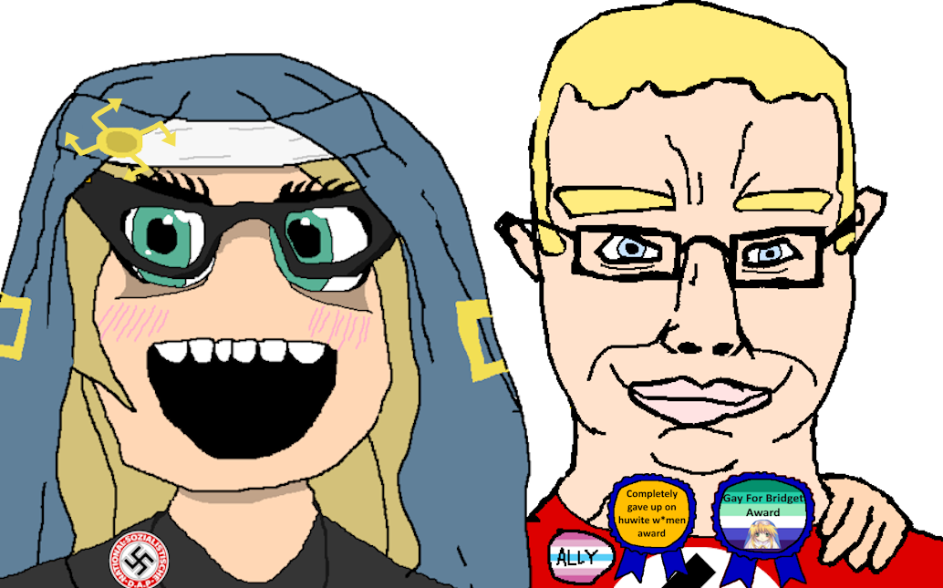 bridget (guilty gear), soytan, chudjak, chudjak front, aryan, 2soyjaks, a10 eyes, award, blonde hair, blue eyes