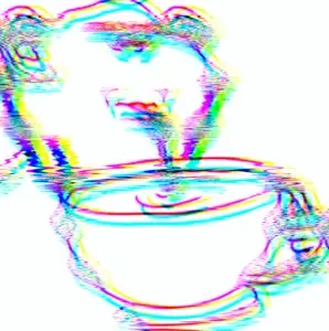impish soyak ears, impdrink, chromatic aberration, cup, distorted, drinking, drinking straw, ear, glitch, holding object