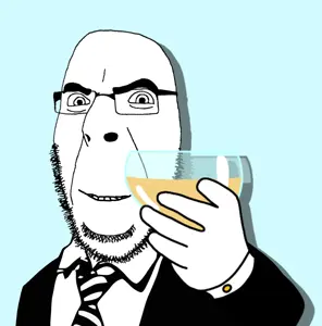 cobson, alcohol, angry, blue background, bushy eyebrows, closed mouth, clothes, drink, glasses, hair