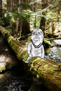 gapejak, wholesome soyjak, brimmiest comments section☣️☣️☣️ do not enter☣️☣️☣️, forest, full body, glasses, hands, irl background, nature, river