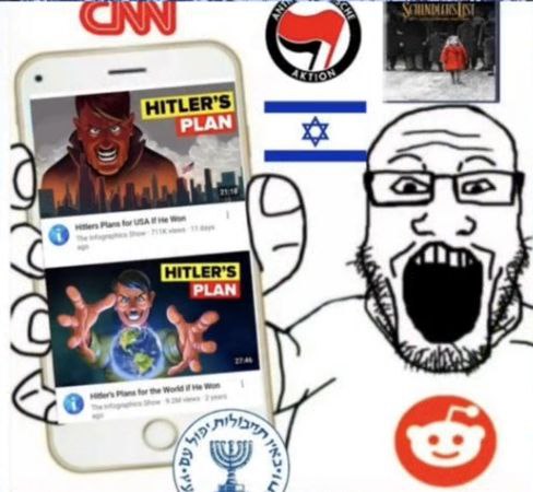 markiplier soyjak, adolf hitler, antifa, cnn, glasses, hands, holding object, holding phone, israel, logo