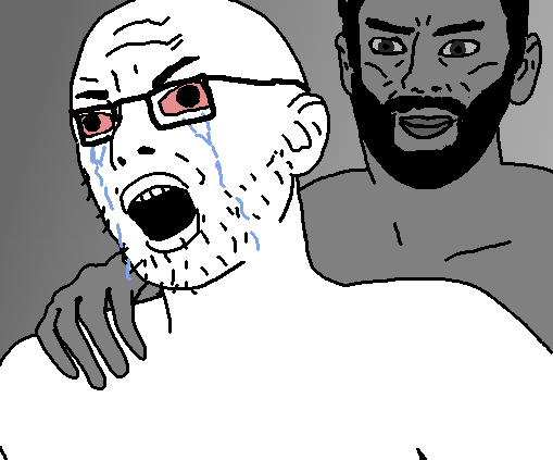 gigachad, cryboy soyjak, soyak, soyak (crying), abby buttsex, beard, bloodshot eyes, closed mouth, crying, glasses