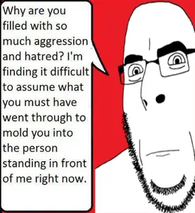 cobson, closed mouth, glasses, neutral, red, red background, soyjak, speech bubble, stubble, text